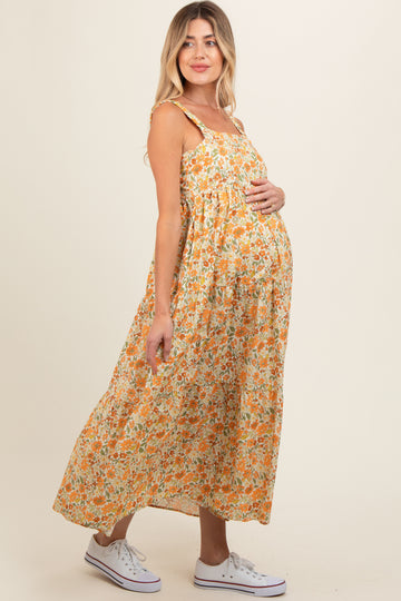 Yellow Floral Square Neck Cut Out Back Tiered Maternity Maxi Dress