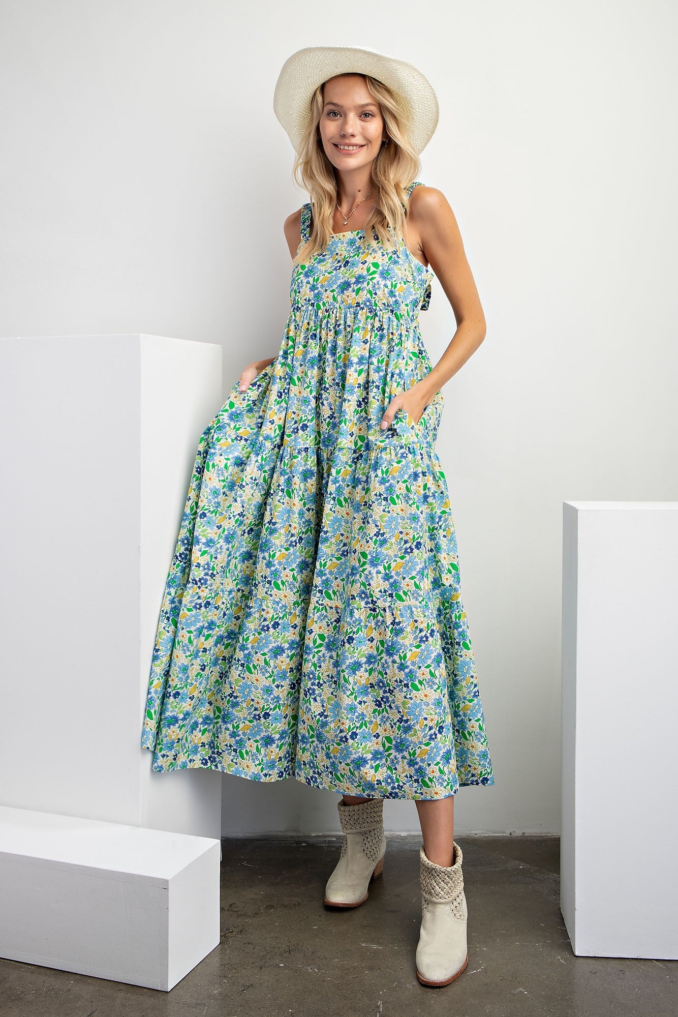Blue Floral Square Neck Cut Out Back Tiered Maxi Dress Blue Floral Square Neck Cut Out Back Tiered Maxi Dress
