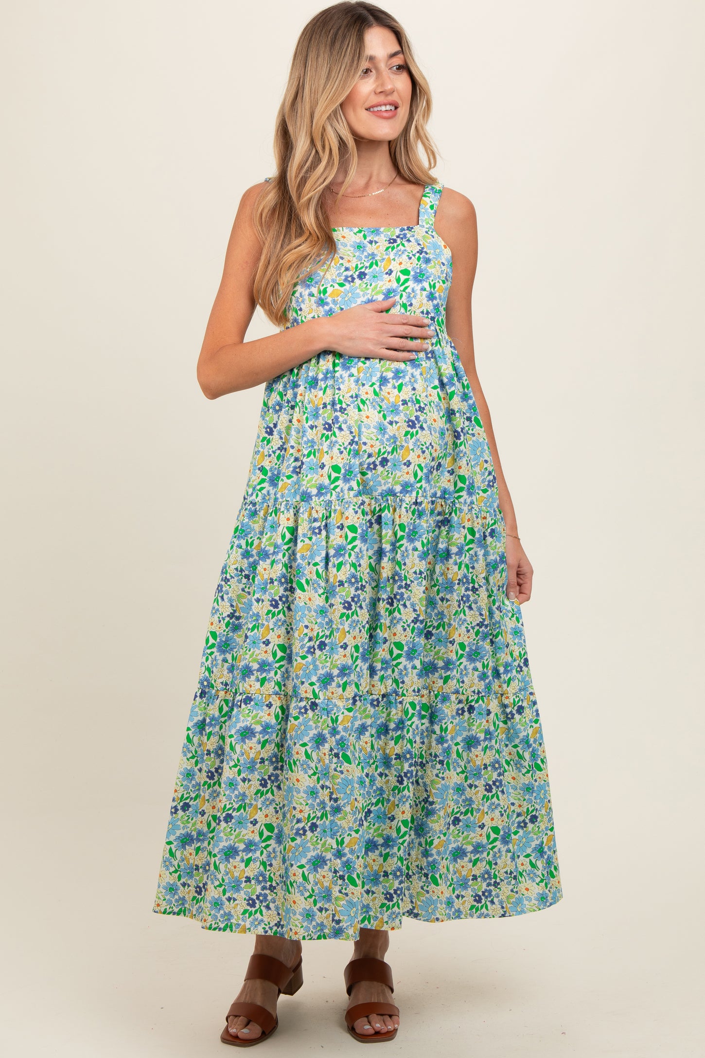 Blue Floral Square Neck Cut Out Back Tiered Maternity Maxi Dress PinkBlush Blue Floral Square Neck Cut Out Back Tiered Maternity Maxi Dress PinkBlush