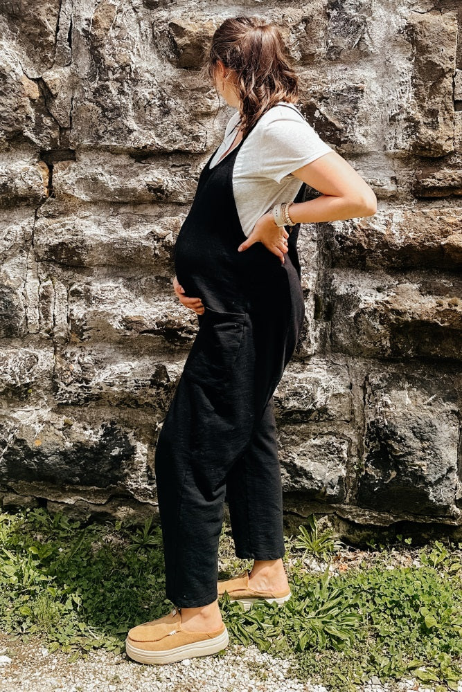 Black Knit Front Pocket Maternity Overall