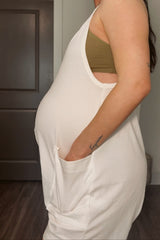 Cream Basic V-Neck Maternity Romper