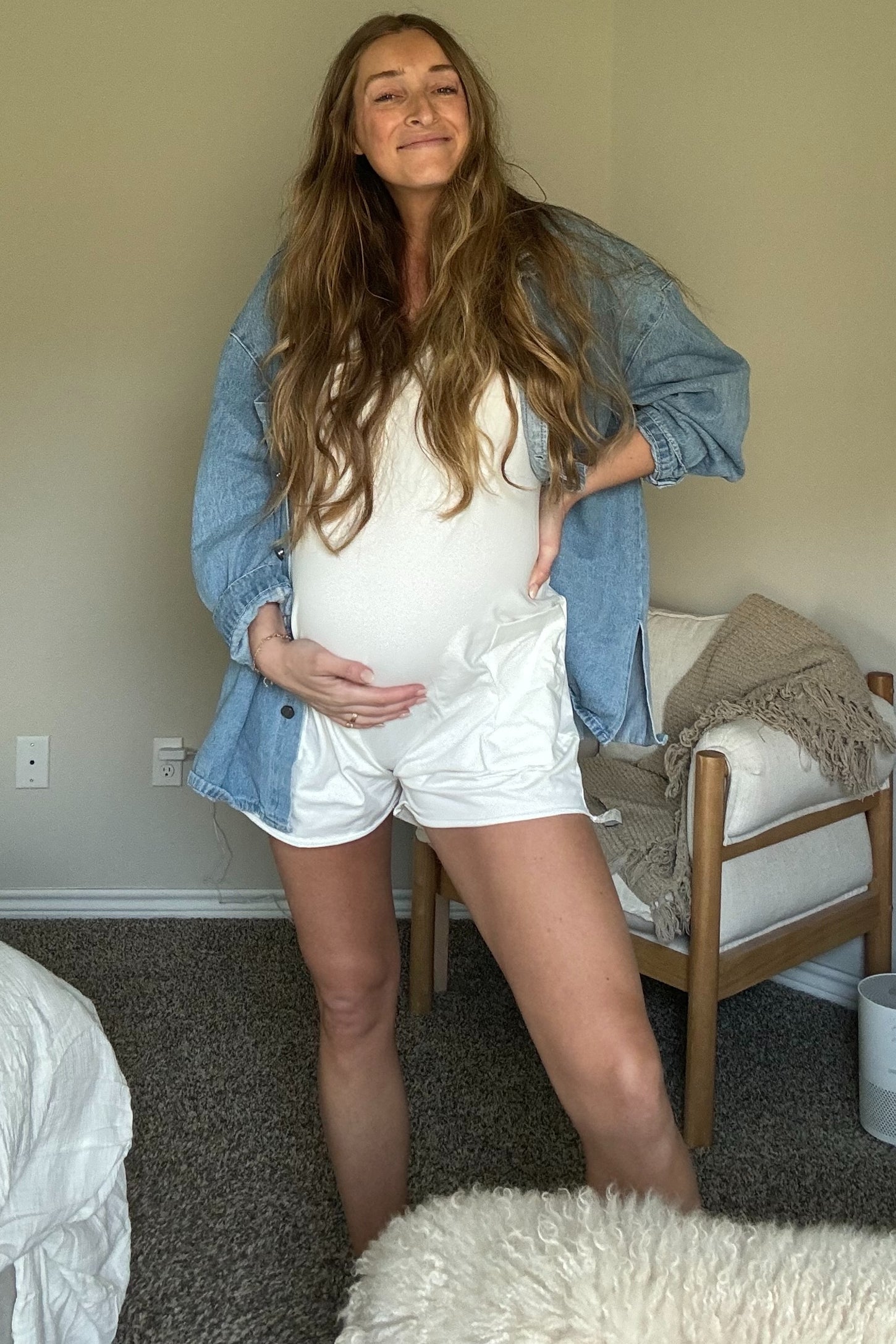 Cream Basic V-Neck Maternity Romper