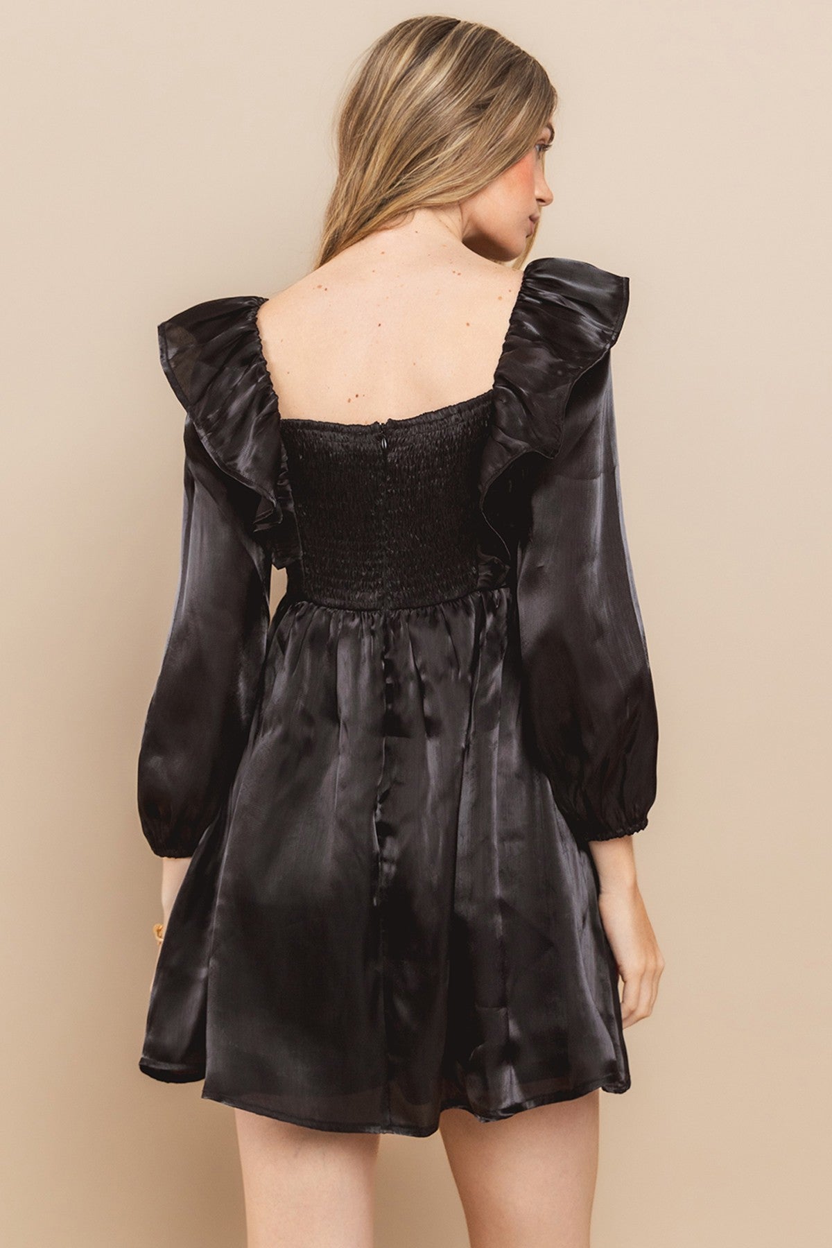 Black Satin Smocked Back Babydoll Dress PinkBlush Black Satin Smocked Back Babydoll Dress PinkBlush