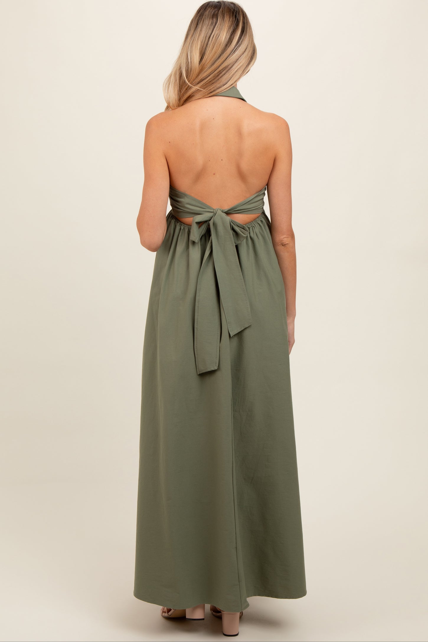 Light Olive Collared Halter Back Tie Maternity Maxi Dress PinkBlush Light Olive Collared Halter Back Tie Maternity Maxi Dress PinkBlush