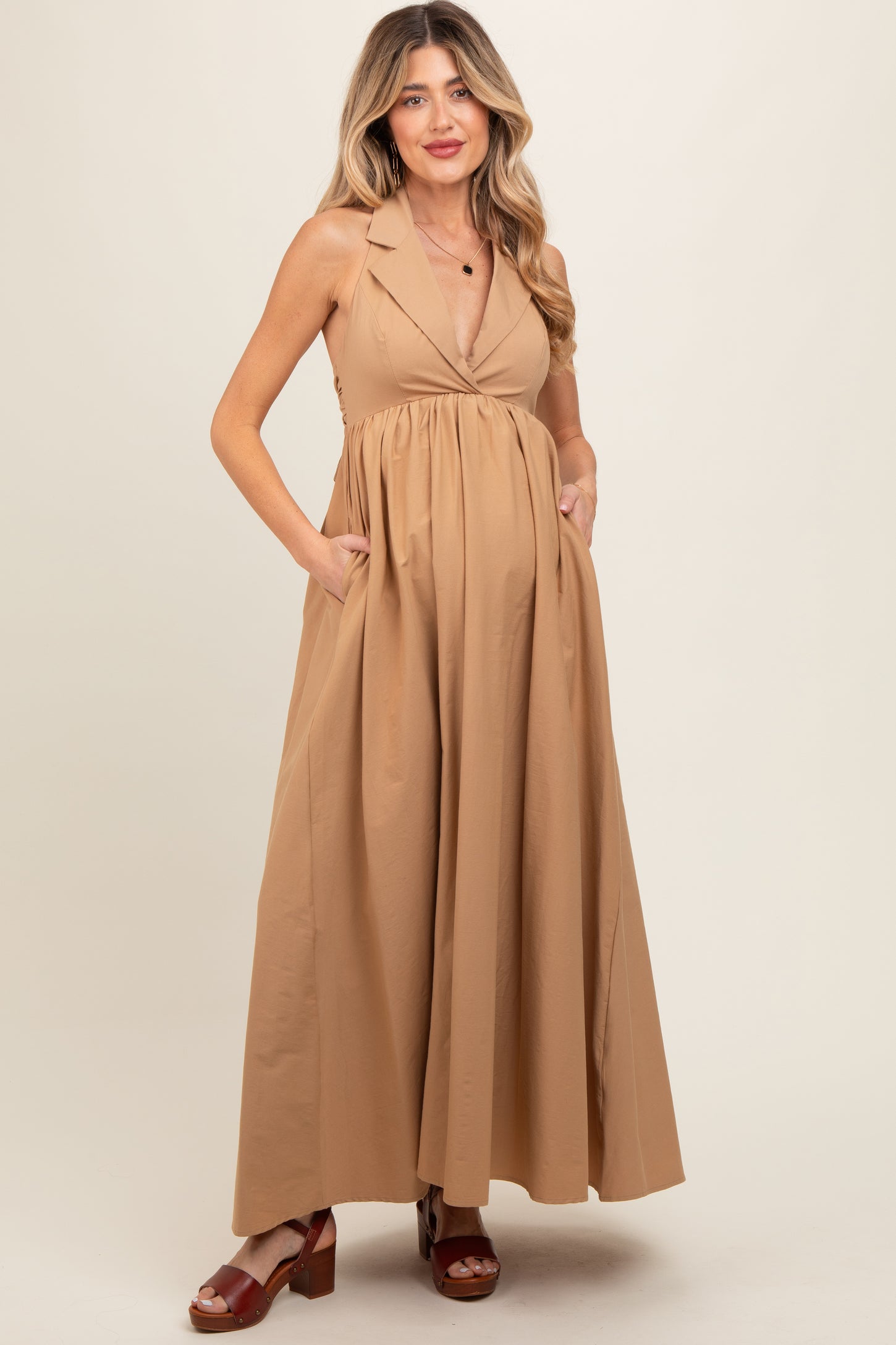 Taupe Collared Halter Back Tie Maternity Maxi Dress PinkBlush Taupe Collared Halter Back Tie Maternity Maxi Dress PinkBlush