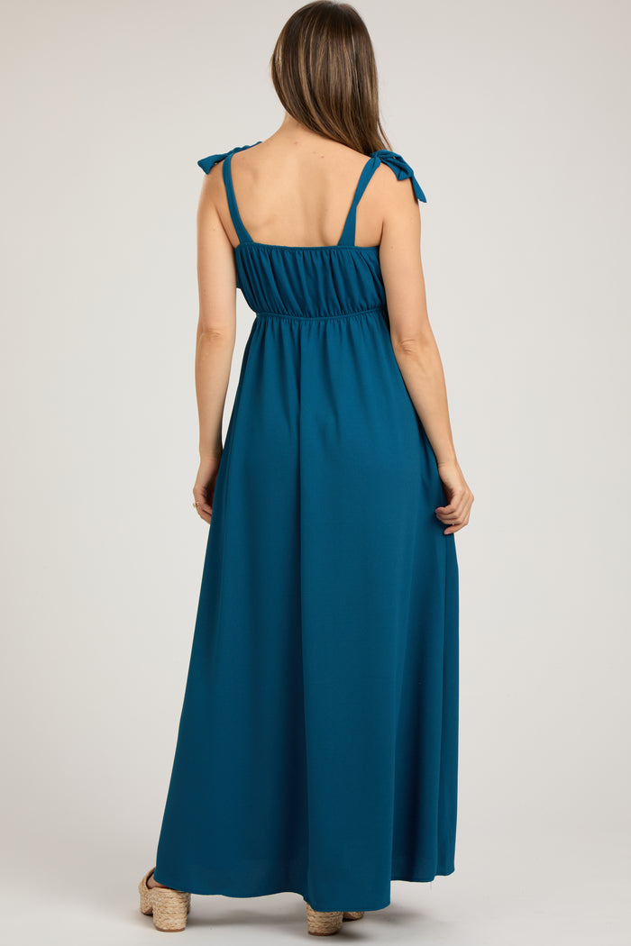Teal Square Neck Shoulder Tie Maternity Maxi Dress