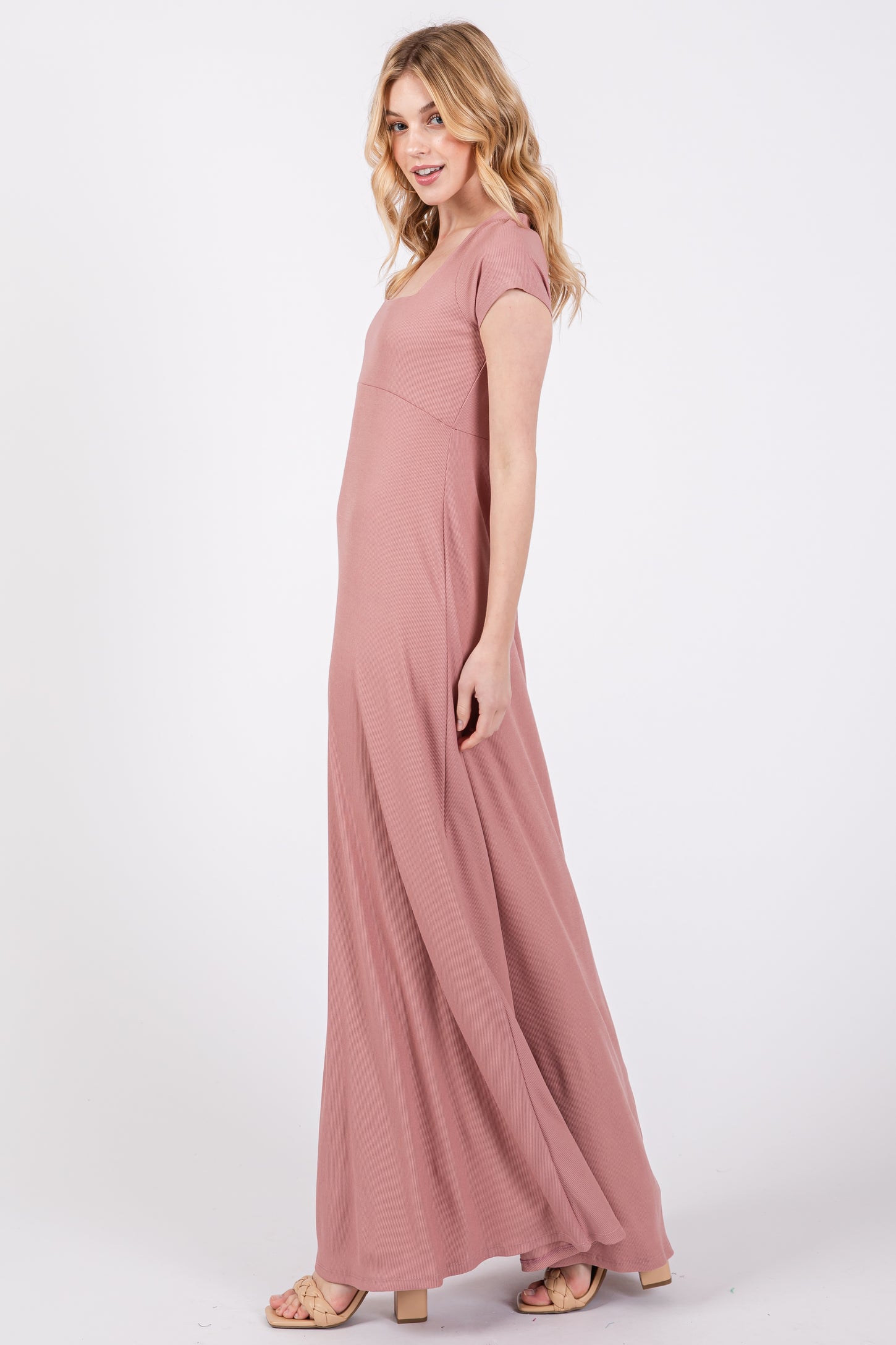 short sleeve maxi dress formal Mauve Ribbed Square Neck Short Sleeve Maxi Dress