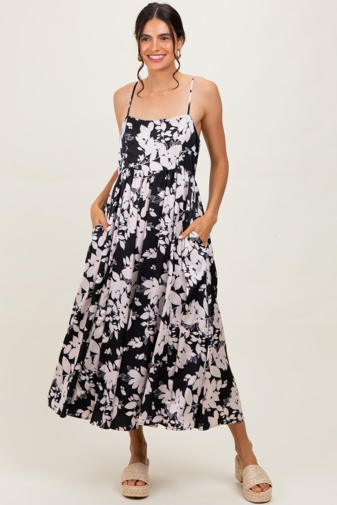 Black Leaf Print Satin Square Neck Midi Dress