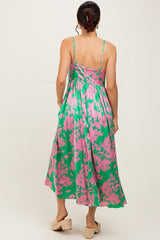 Pink Leaf Print Satin Square Neck Midi Dress