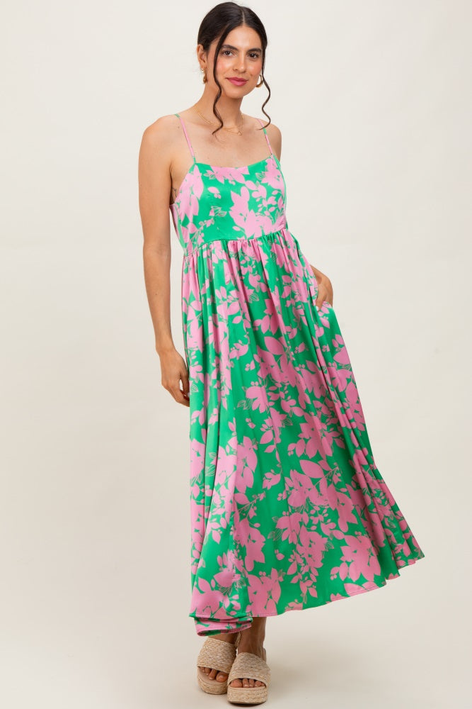 Pink Leaf Print Satin Square Neck Midi Dress