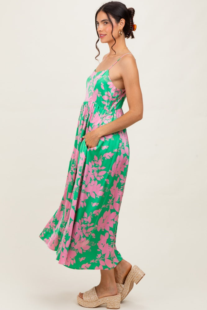 Pink Leaf Print Satin Square Neck Midi Dress