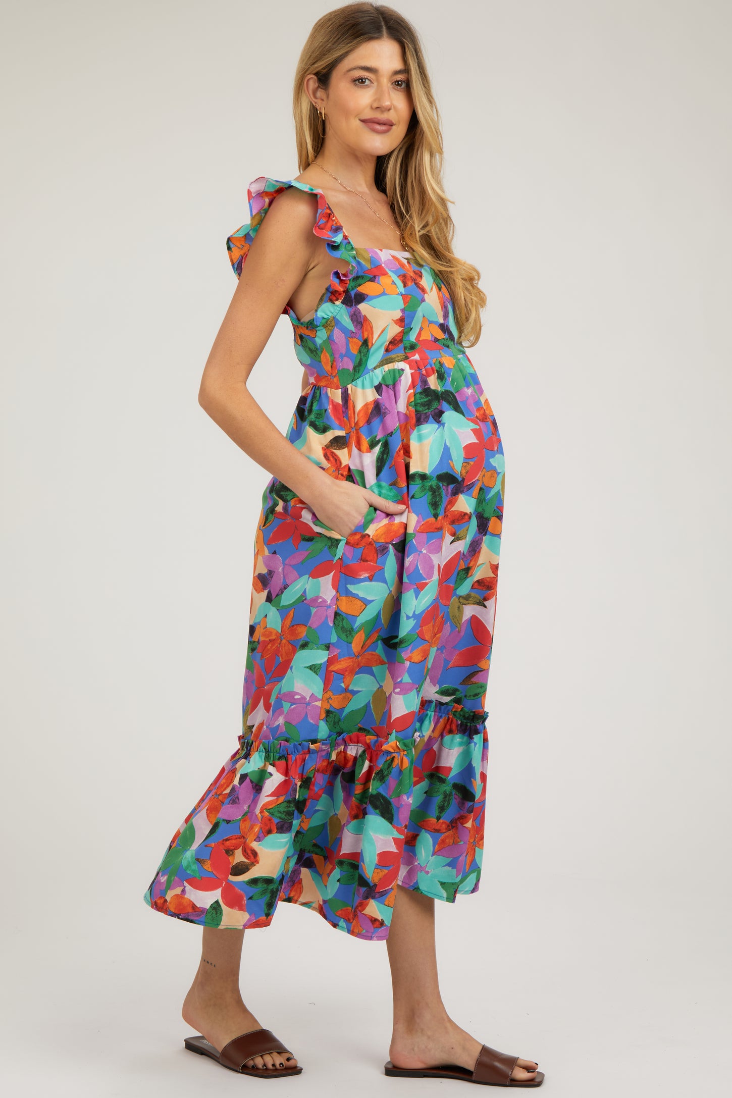 Lavender Floral Ruffle Maternity Midi Dress main image 0