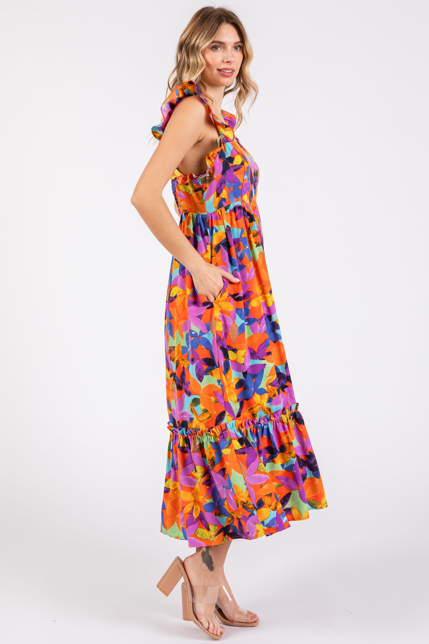 Square Ruffles Orange Floral Satin Square Neck Ruffle Strap Midi Dress – PinkBlush