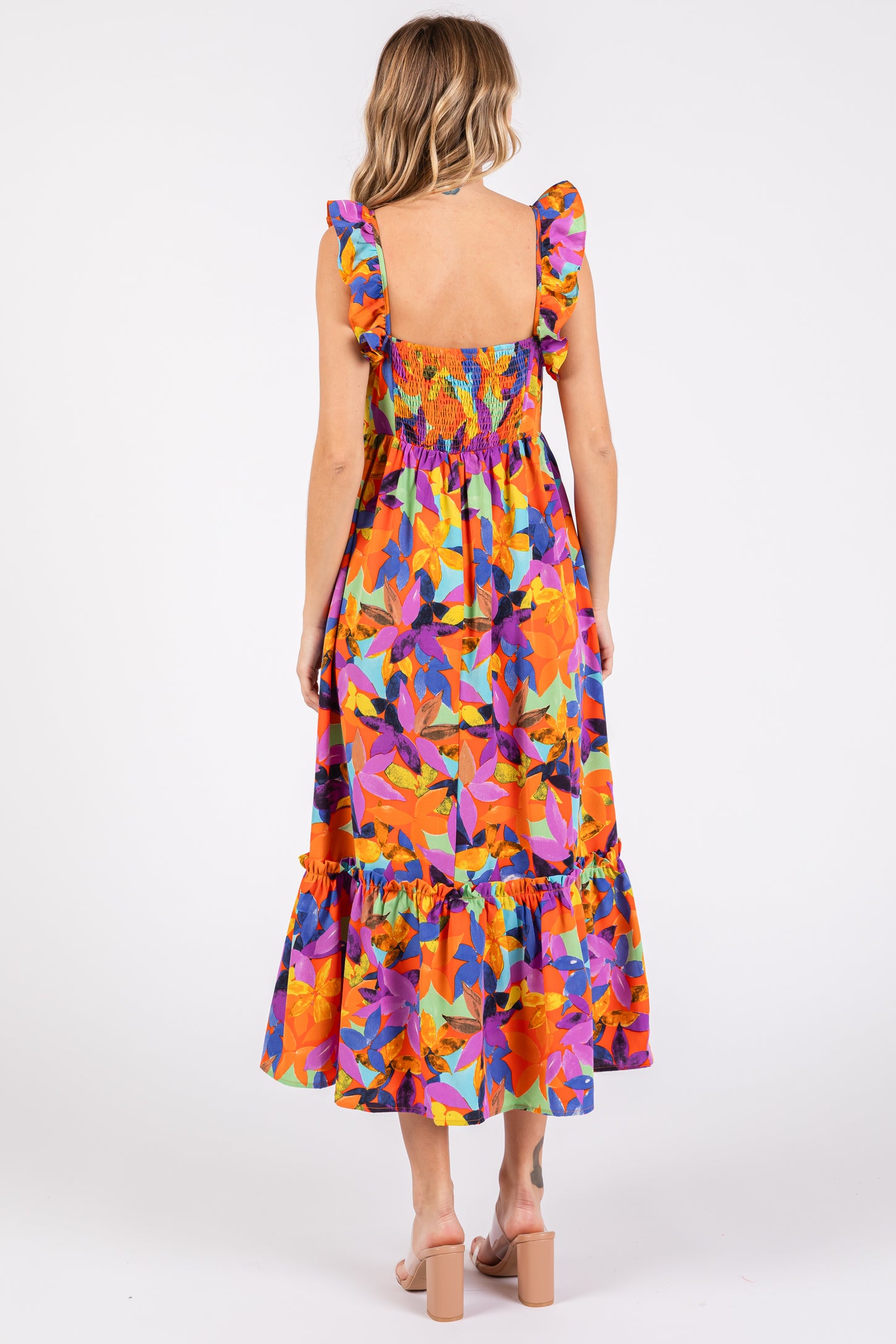 Square Ruffles Orange Floral Satin Square Neck Ruffle Strap Midi Dress – PinkBlush