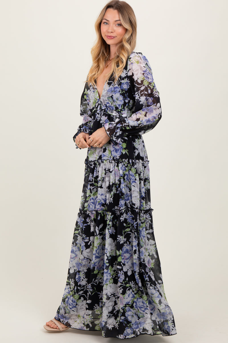 Black Floral Chiffon Deep V Ruffle Tiered Maxi Dress – PinkBlush