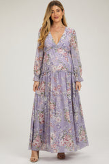Lavender Floral Chiffon Deep V Ruffle Tiered Maternity Maxi Dress