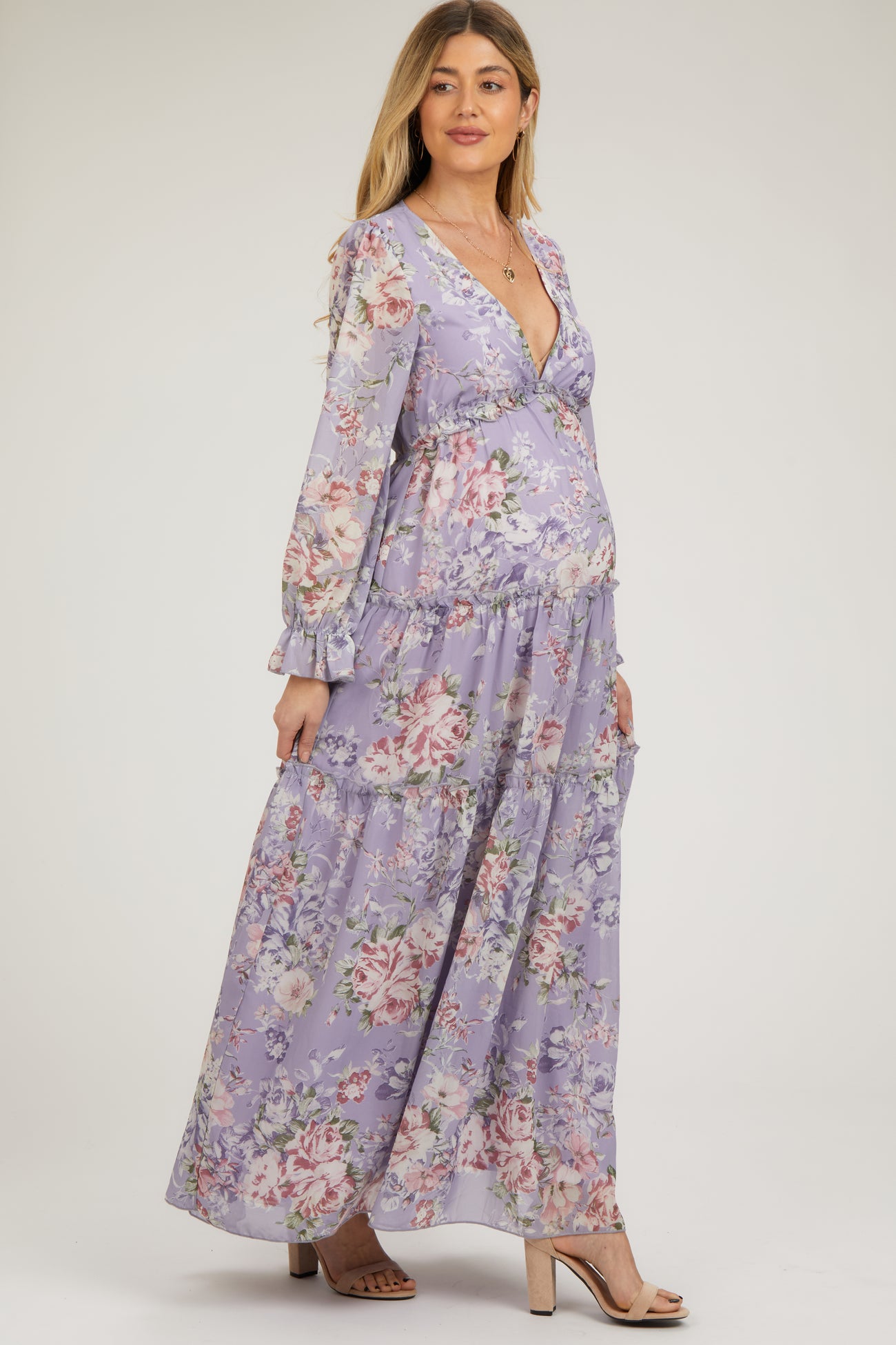 Maternity Mauve Long Sleeve Maxi Dress Lavender Floral Chiffon Deep V Ruffle Tiered Maternity Maxi Dress Maternity Mauve Long Sleeve Maxi Dress Lavender Floral Chiffon Deep V Ruffle Tiered Maternity Maxi Dress