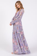 Lavender Floral Chiffon Deep V Ruffle Tiered Maxi Dress