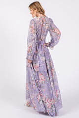 Lavender Floral Chiffon Deep V Ruffle Tiered Maxi Dress