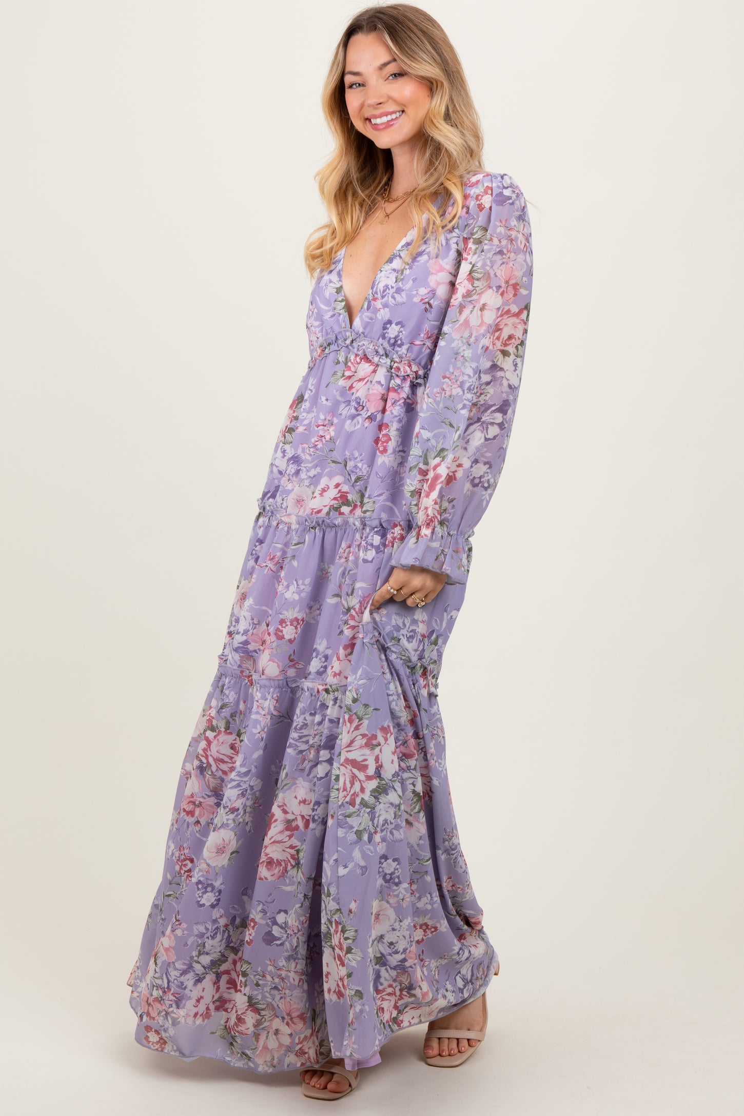 Lavender Floral Chiffon Deep V Ruffle Tiered Maternity Maxi Dress PinkBlush Lavender Floral Chiffon Deep V Ruffle Tiered Maternity Maxi Dress PinkBlush