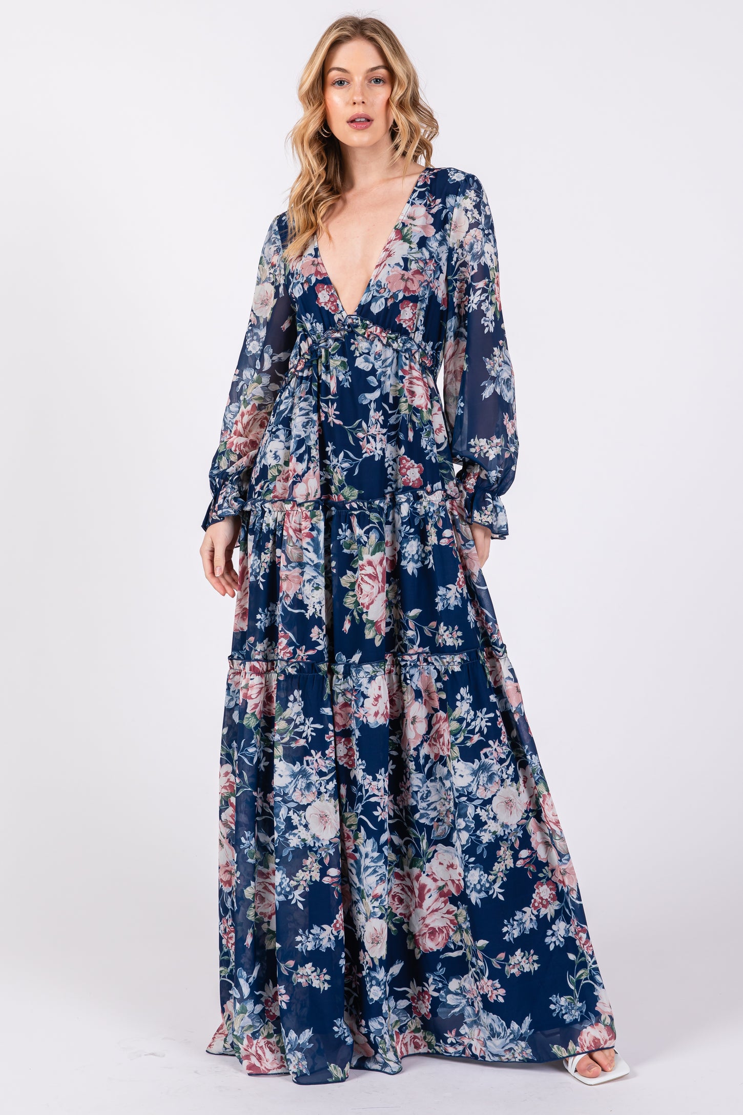 Navy Blue Floral Chiffon Deep V Ruffle Tiered Maternity Maxi Dress – PinkBlush