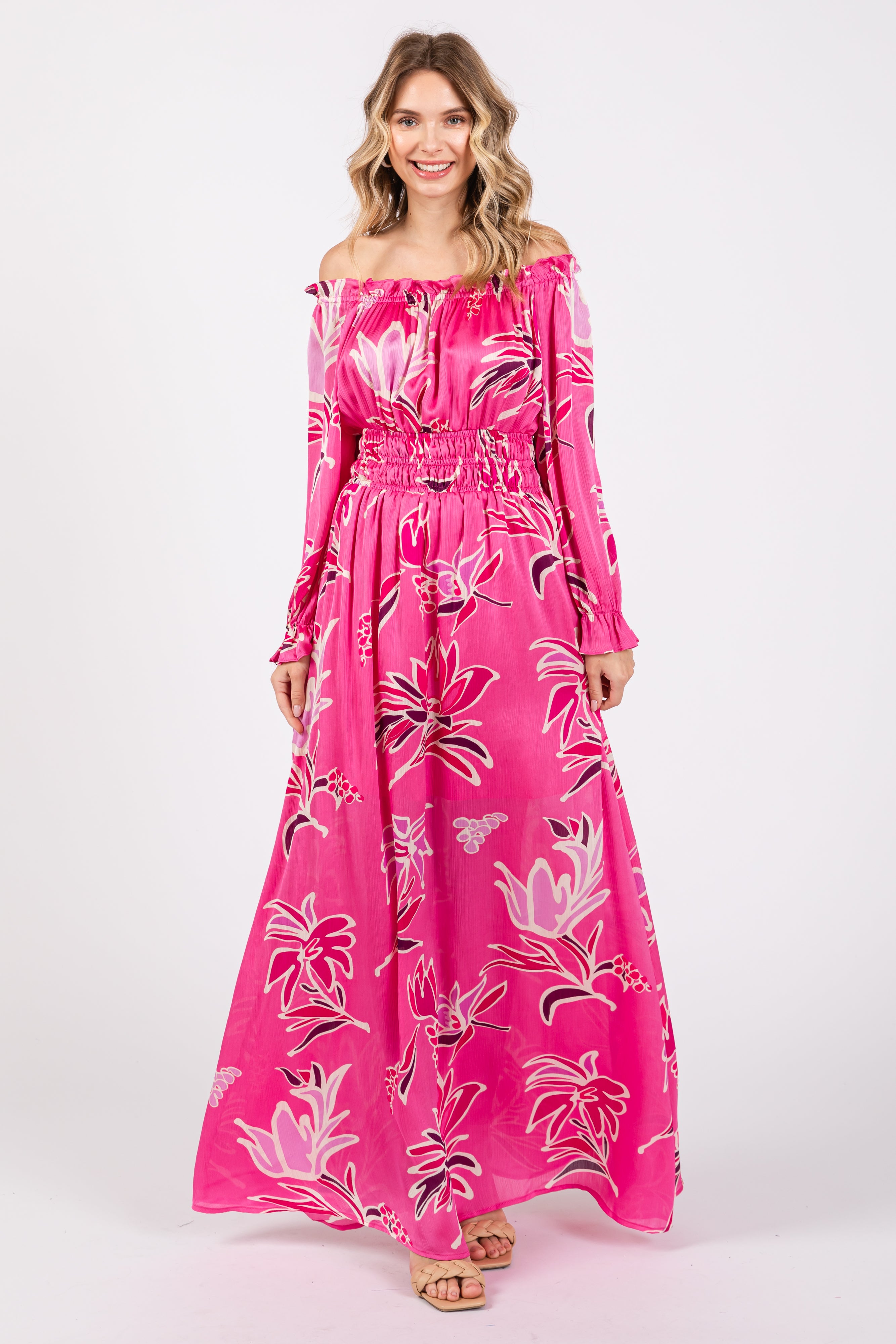 chinese dress ladies Black & Fuchsia Floral Faux Wrap Maxi Dress with Hi Low Hemline M
