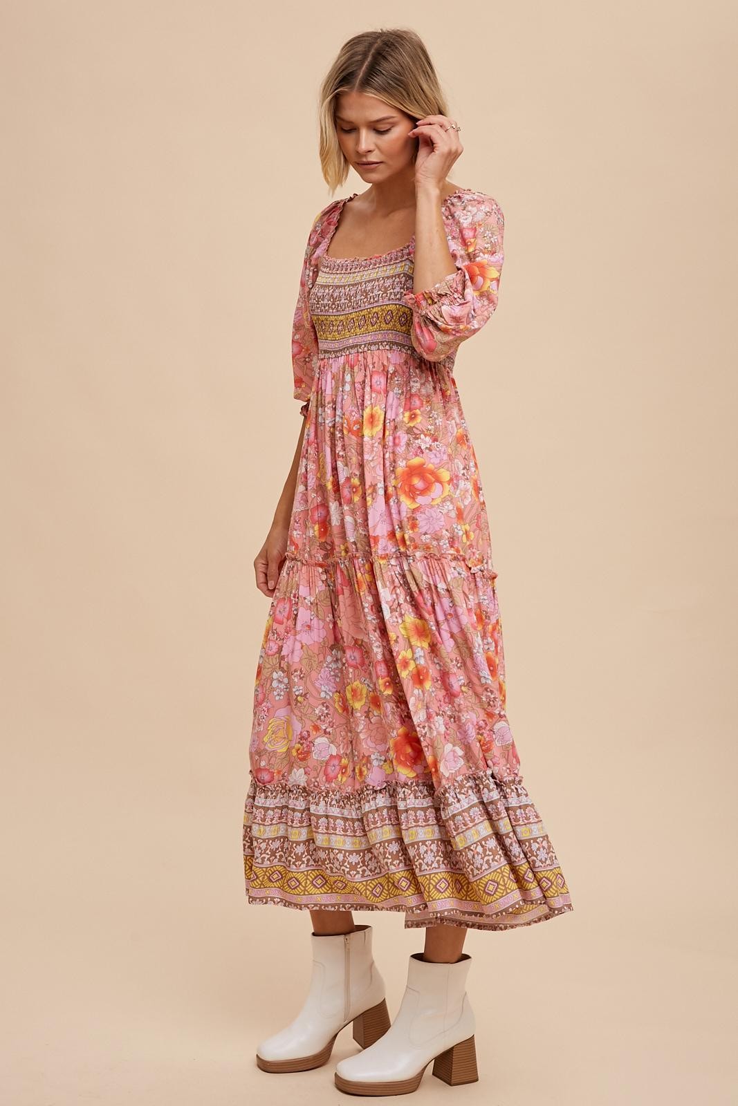 Pink Floral Smocked Half-Length Sleeves Midi Dress PinkBlush Pink Floral Smocked Half-Length Sleeves Midi Dress PinkBlush