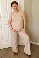 Beige Slub Knit Maternity Pants Set