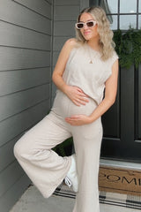Beige Slub Knit Maternity Pants Set