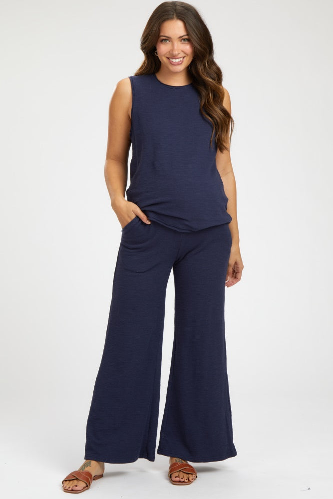 Navy Blue Slub Knit Maternity Pants Set PinkBlush Navy Blue Slub Knit Maternity Pants Set PinkBlush