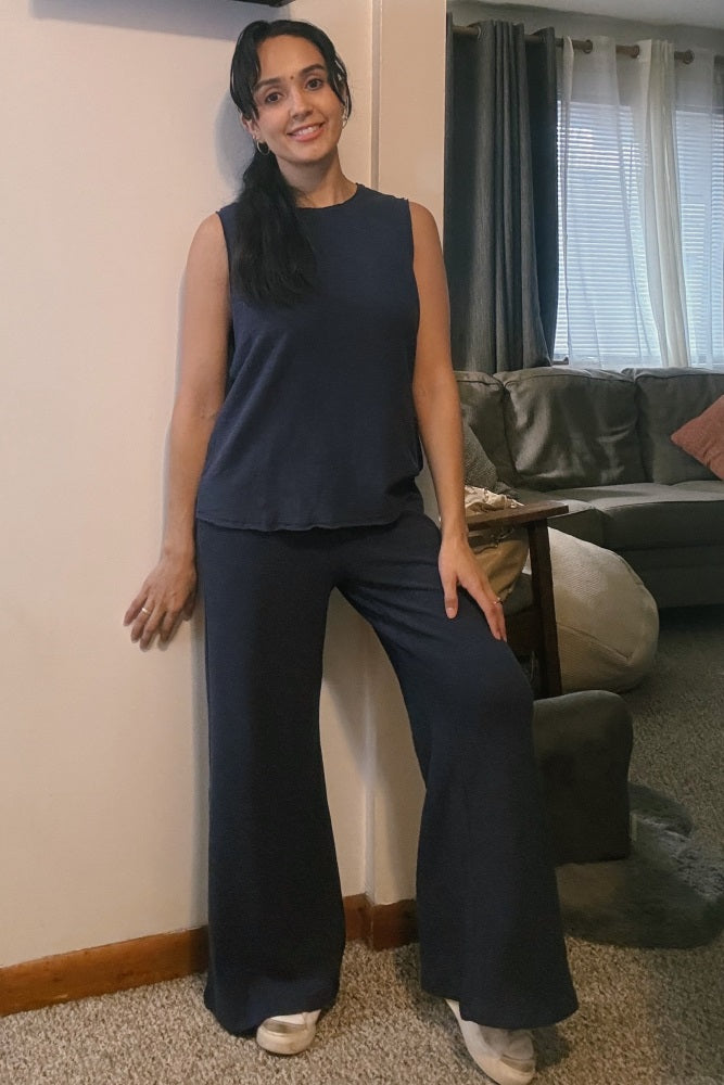 Navy Blue Slub Knit Pants Set