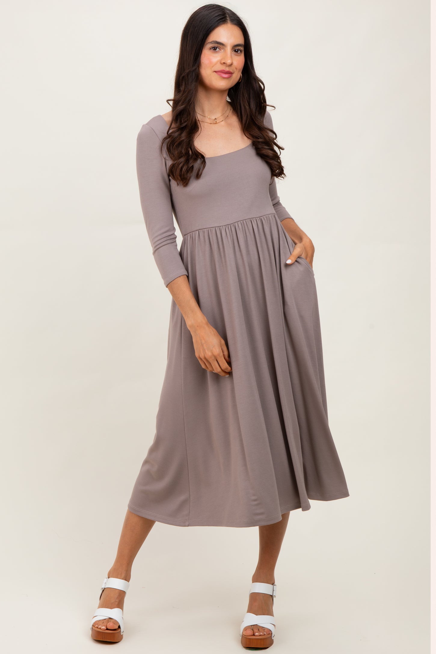 Mocha Square Neck 3/4 Sleeve Midi Dress
