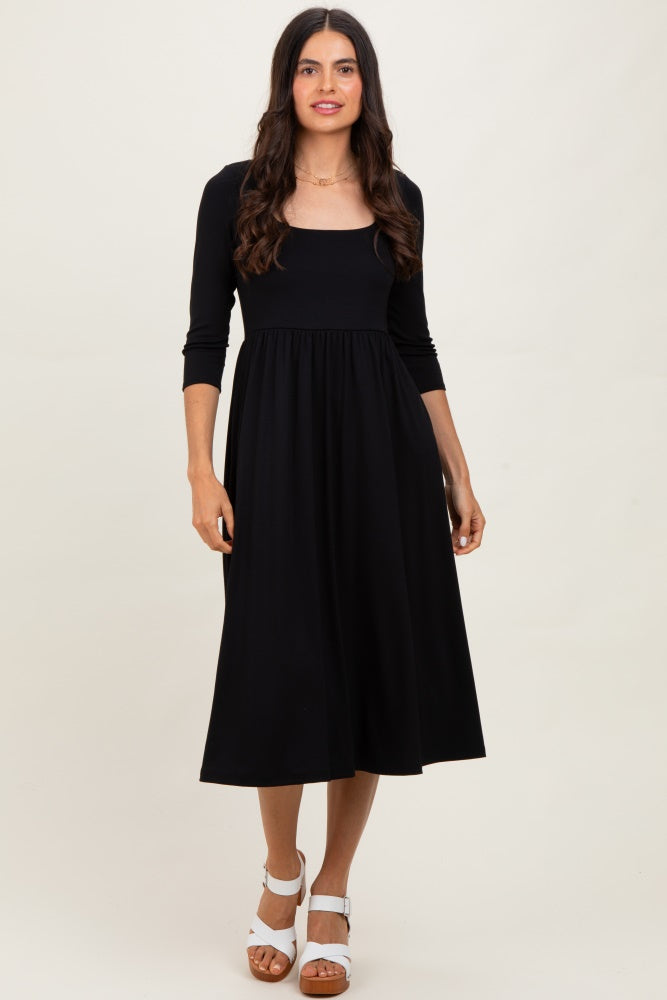 Black Square Neck 3/4 Sleeve Midi Dress Black Square Neck 3/4 Sleeve Midi Dress