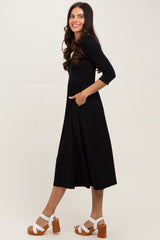 Black Square Neck 3/4 Sleeve Midi Dress