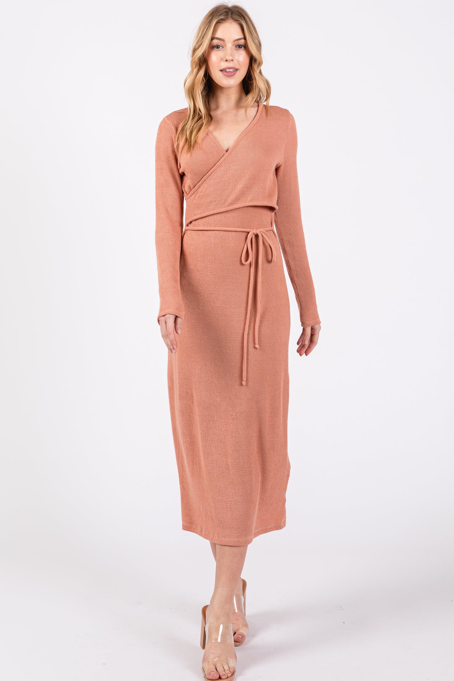 Rust Ribbed Long Sleeve Maternity Wrap Nursing Dress Rust Ribbed Long Sleeve Maternity Wrap Nursing Dress