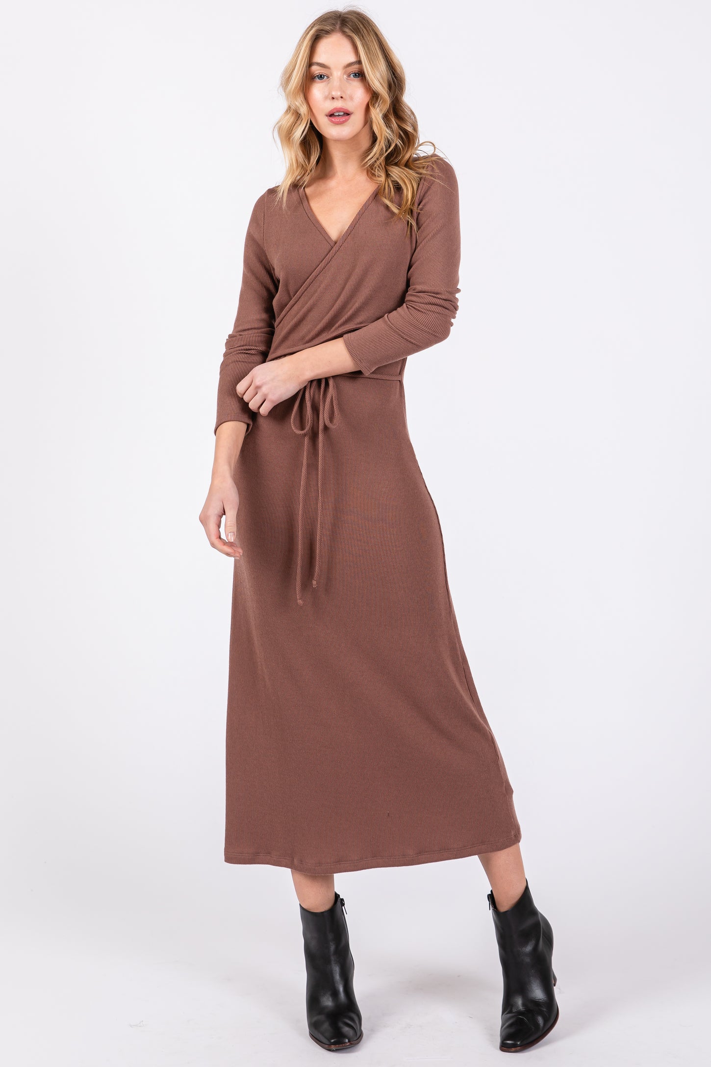 Brown Ribbed Long Sleeve Maternity Wrap Nursing Dress Brown Ribbed Long Sleeve Maternity Wrap Nursing Dress