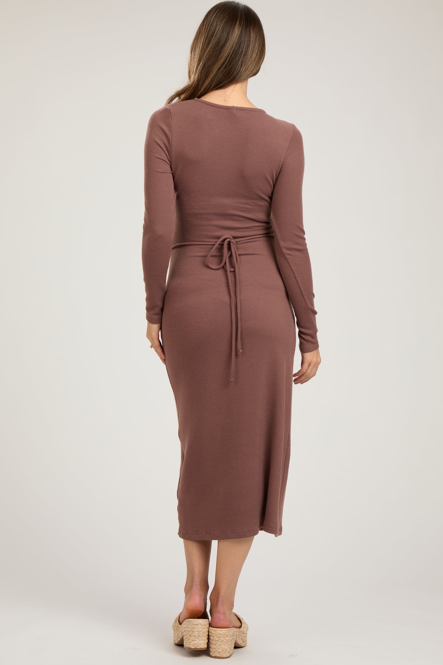 Brown Ribbed Long Sleeve Maternity Wrap Nursing Dress Brown Ribbed Long Sleeve Maternity Wrap Nursing Dress