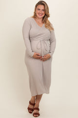 Cream Ribbed Long Sleeve Plus Maternity Wrap Nursing Dress