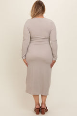 Cream Ribbed Long Sleeve Plus Maternity Wrap Nursing Dress