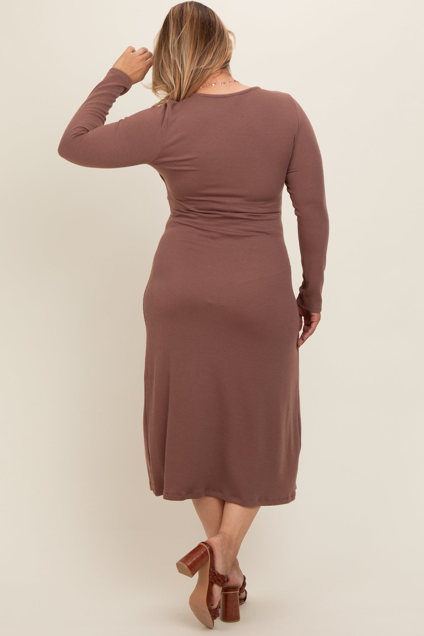 brown nursing dress Brown Ribbed Long Sleeve Maternity Wrap Nursing Dress PinkBlush