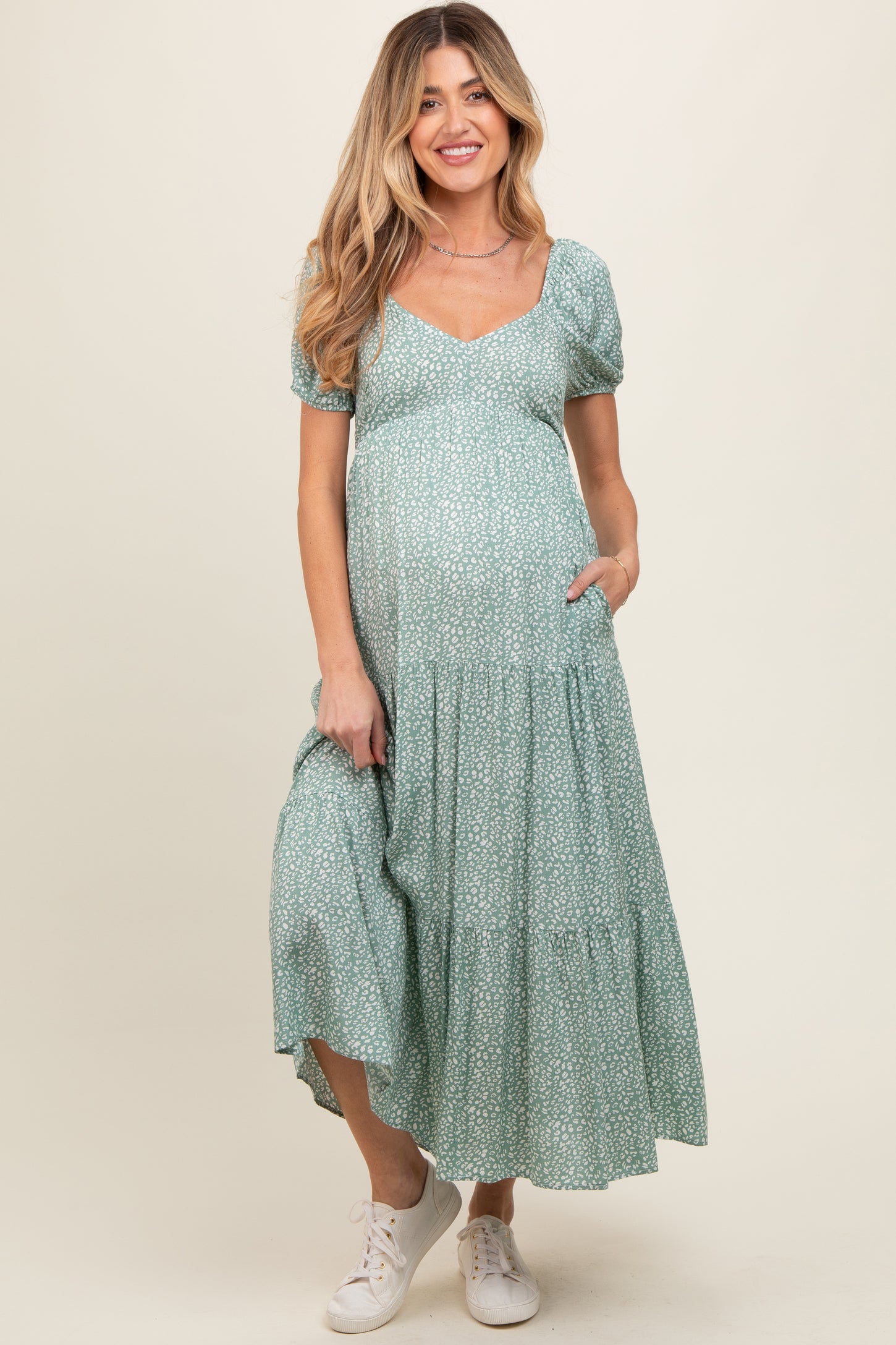 Mint Green Animal Print Tiered Maternity Midi Dress PinkBlush Mint Green Animal Print Tiered Maternity Midi Dress PinkBlush