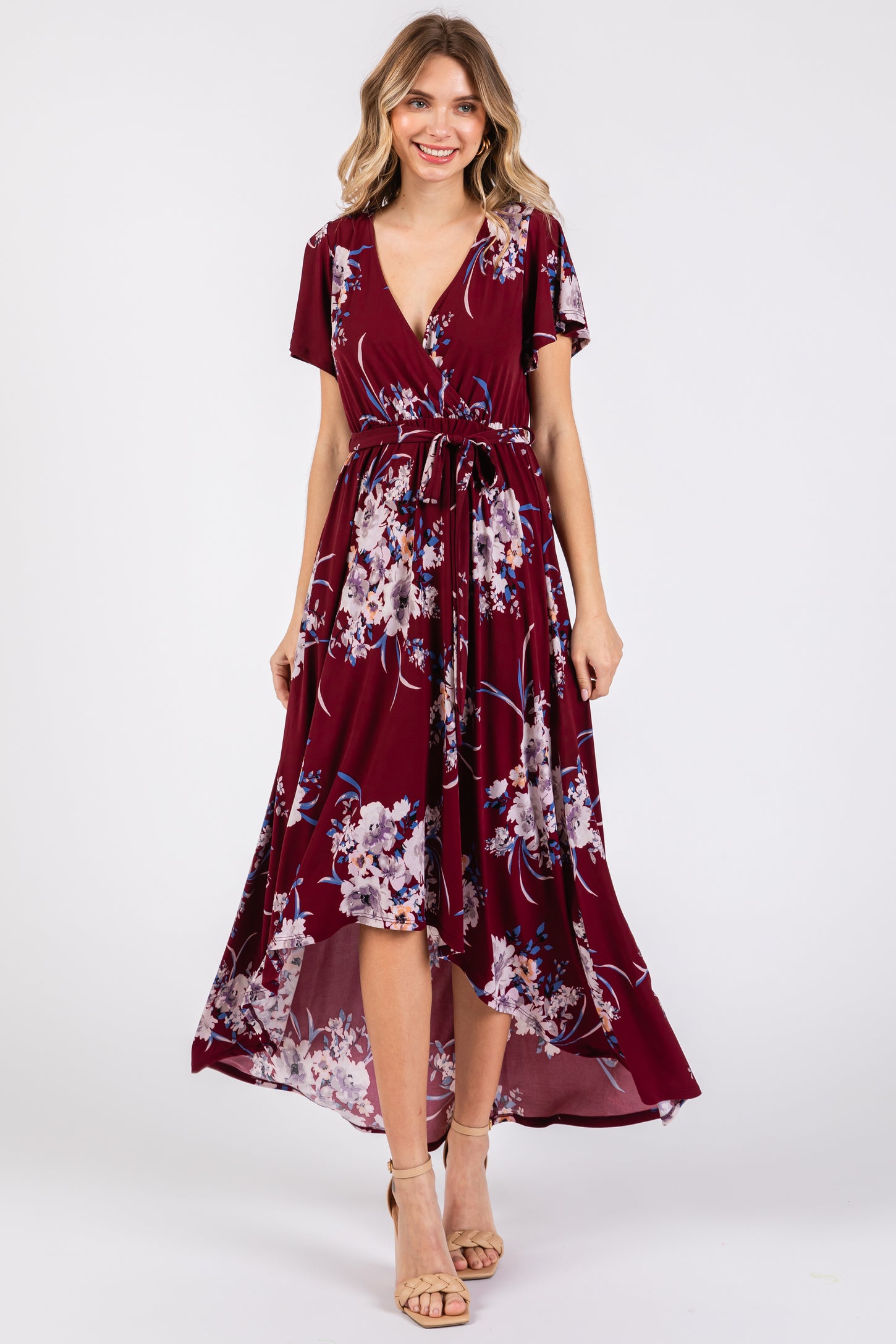 Burgundy Floral Print Wrap Front V-Neck Hi-Low Midi Dress – PinkBlush