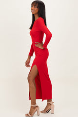 Red Ribbed Long Sleeve Side Slit Maxi Dress