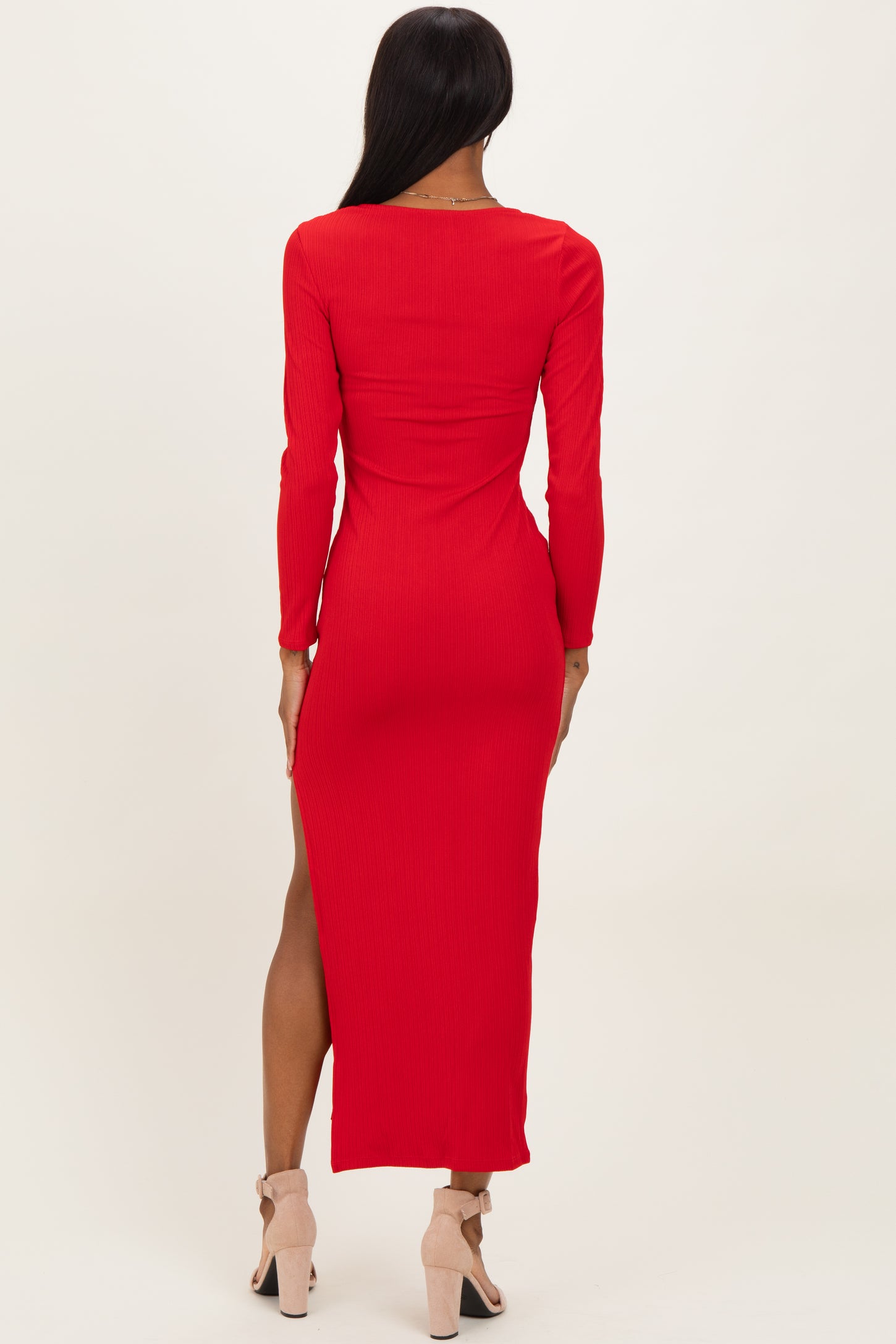 Red Ribbed Long Sleeve Side Slit Maxi Dress