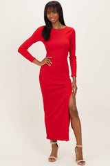 Red Ribbed Long Sleeve Side Slit Maxi Dress