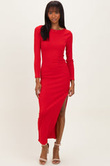 Red Ribbed Long Sleeve Side Slit Maternity Maxi Dress