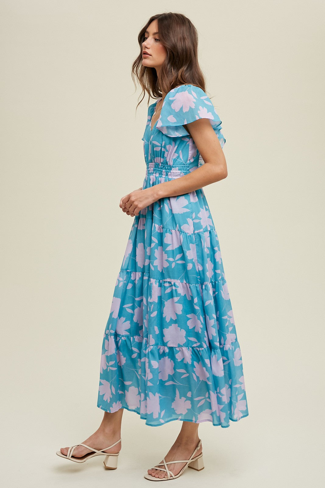 Blue Floral Flutter Sleeve Tiered Maxi Dress Blue Floral Flutter Sleeve Tiered Maxi Dress