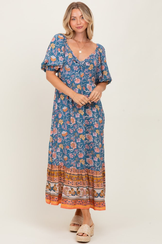 Blue Floral Front Twist Midi Dress