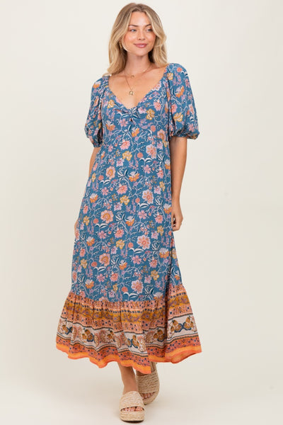 Blue Floral Front Twist Midi Dress – PinkBlush
