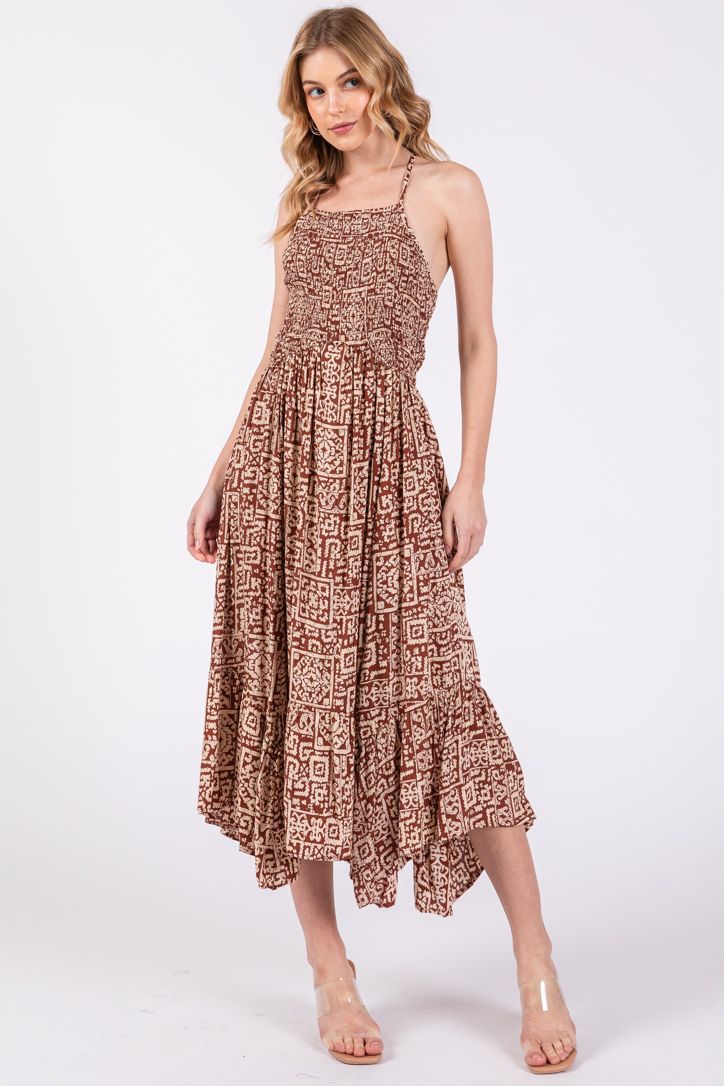 Brown Print Smocked Sleeveless Maternity Midi Dress